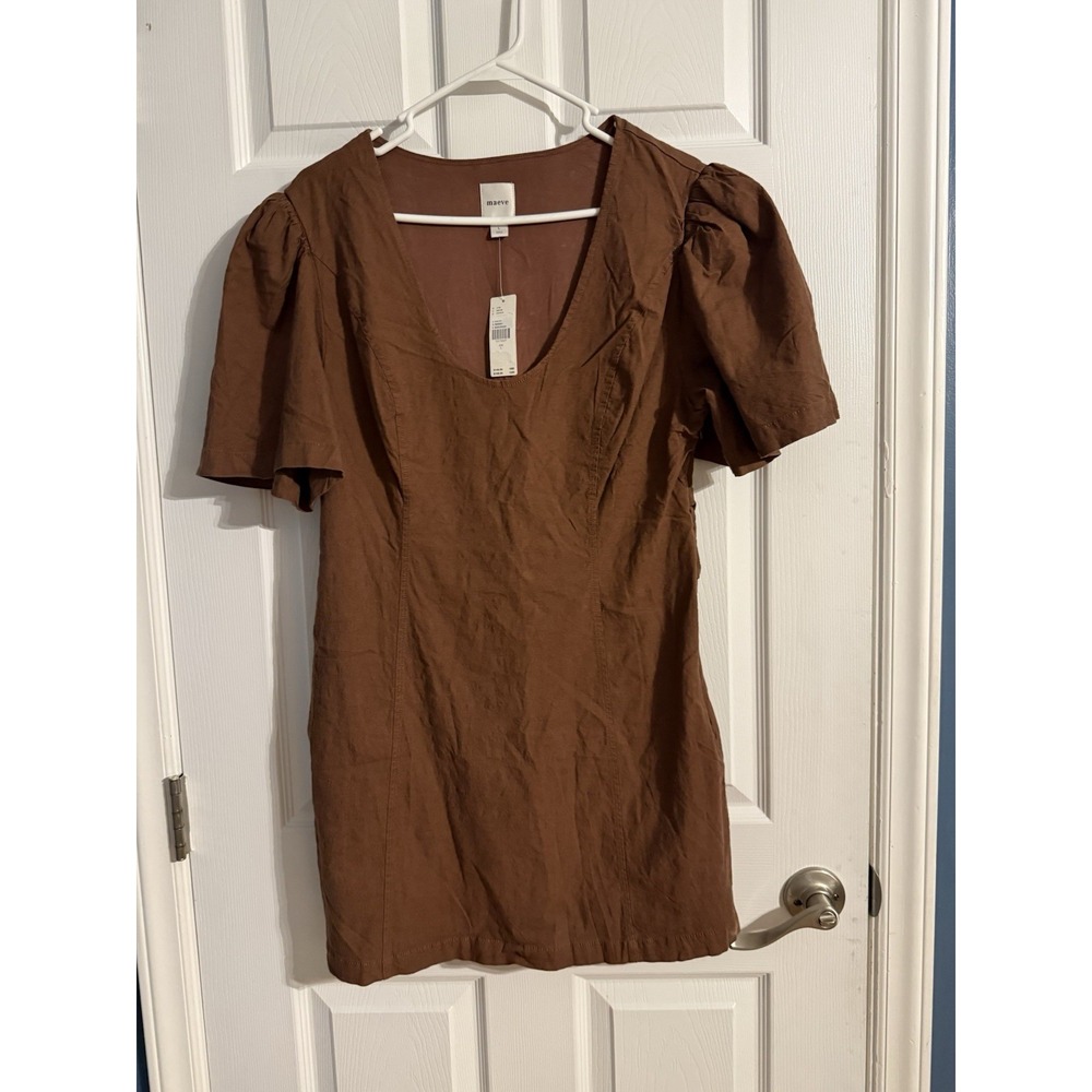 NWT‎ Anthropologie Maeve Puff-Sleeve Back-Cutout Mini Dress Light Sand Large